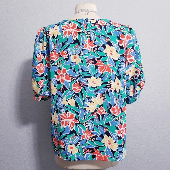 Vintage 80's retro floral tropical print party shirt top blouse 12 - Picture 2 of 5